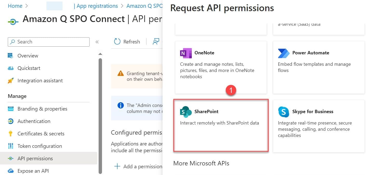 Azure App API Permission tab Request API Permission