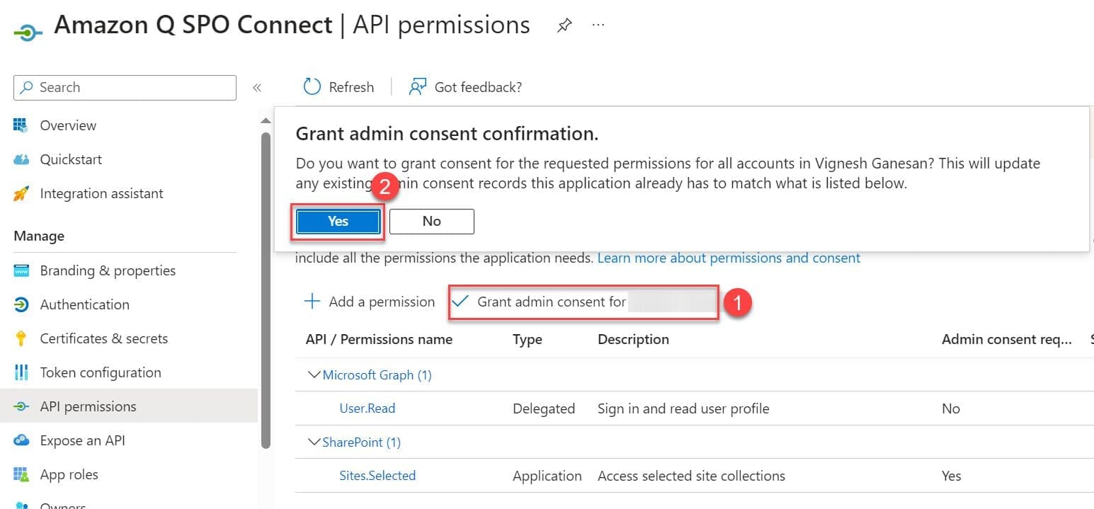 Azure App Grand Admin consent confirmation page