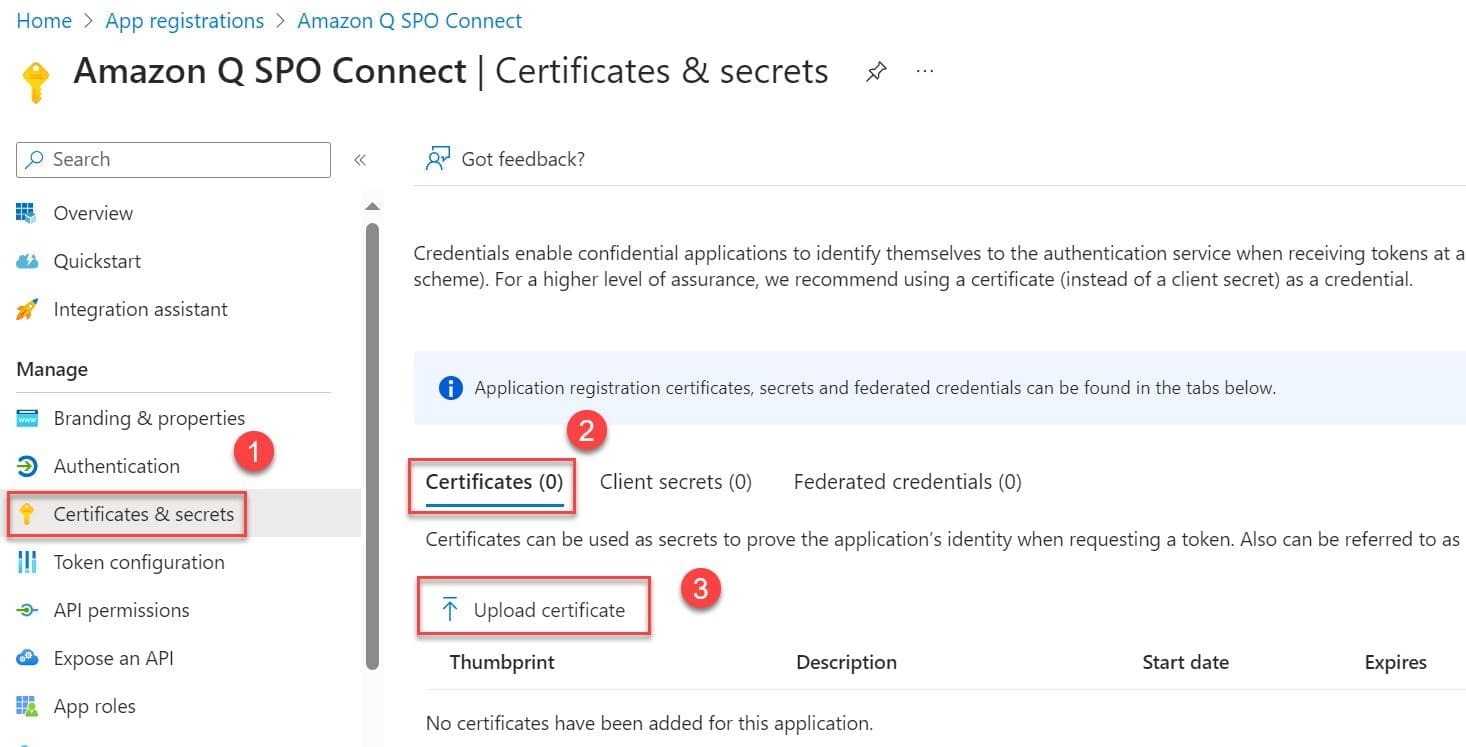 Azure App registration Certificate and Secrets page 