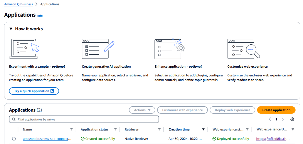 Getting Web Application URL from Amazon Q Business Application page 