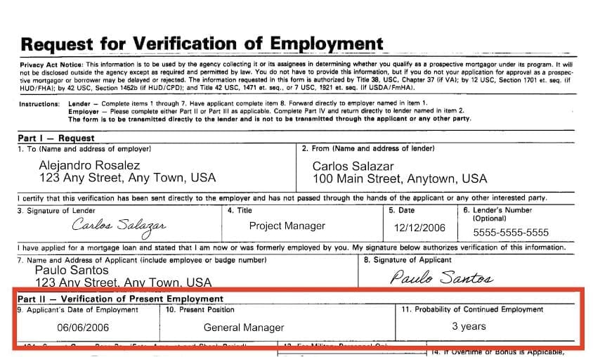 Employment verification sample