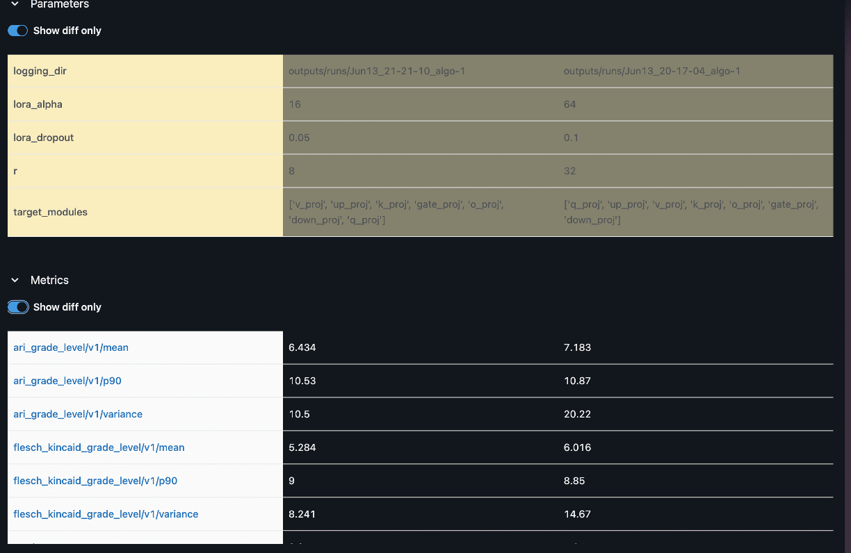 Compare training arguments and results