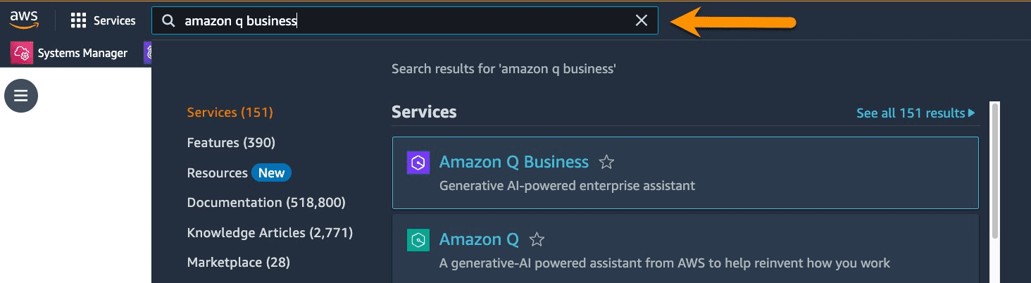 In the AWS Home Screen, type Amazon Q Business in the search bar to pull up the Q service, and select to open the service.