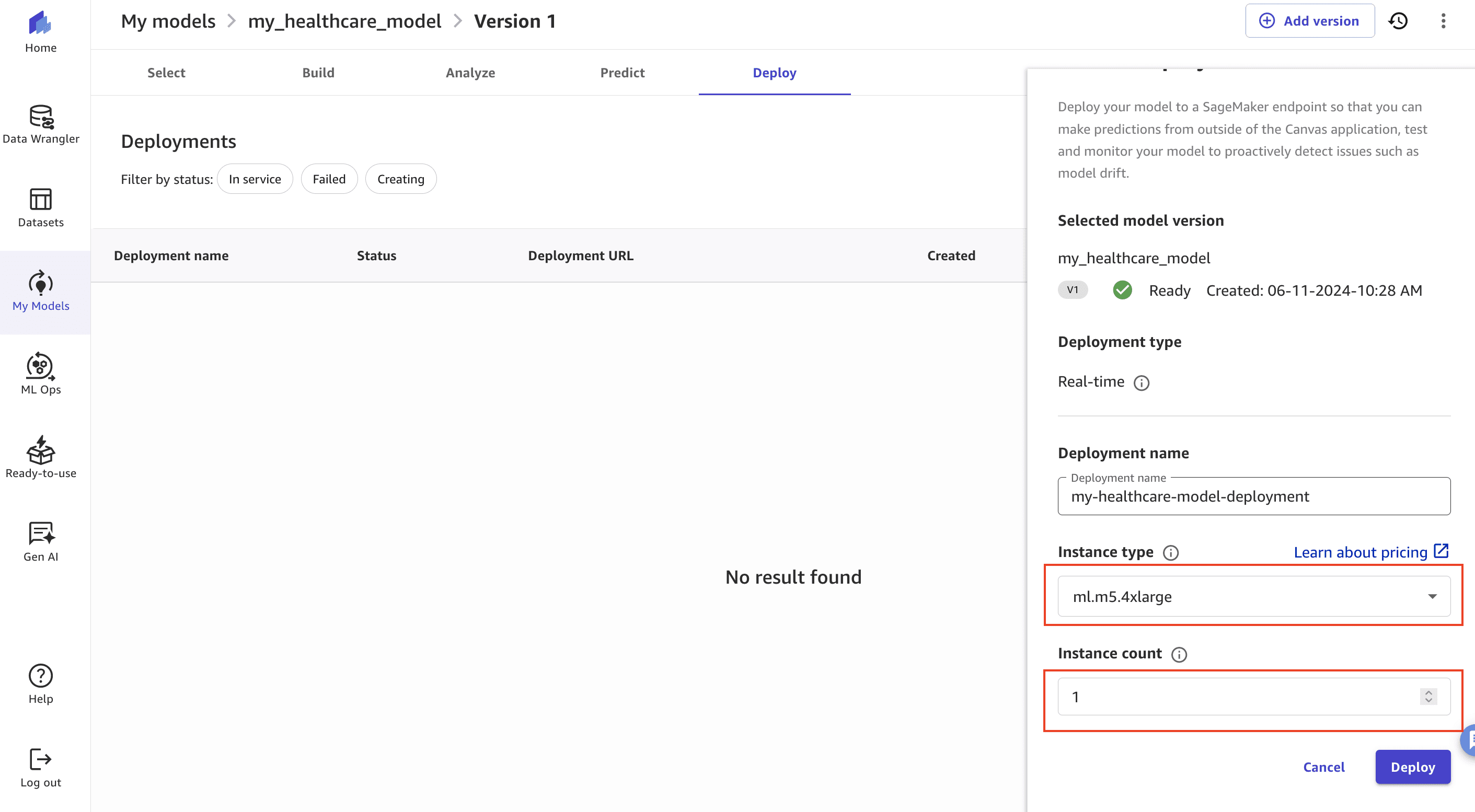 The screenshot shows how the developed model is deployed using SageMaker Canvas. The ml.m5.4xlarge instance type with an instance count of 1 has been selected.