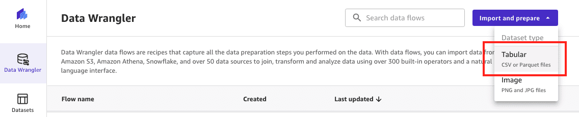 The screenshot shows how tabular data is imported using SageMaker Data Wrangler. Tabular from the import and prepare option is highlighted.