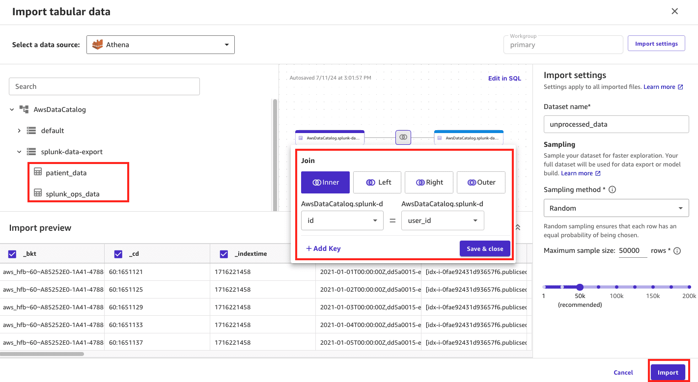 The screenshot shows how tabular data is joined using SageMaker Data Wrangler. 2 tables discovered from Athena are highlighted, alongside the user id fields that are used to join the 2 tables together.