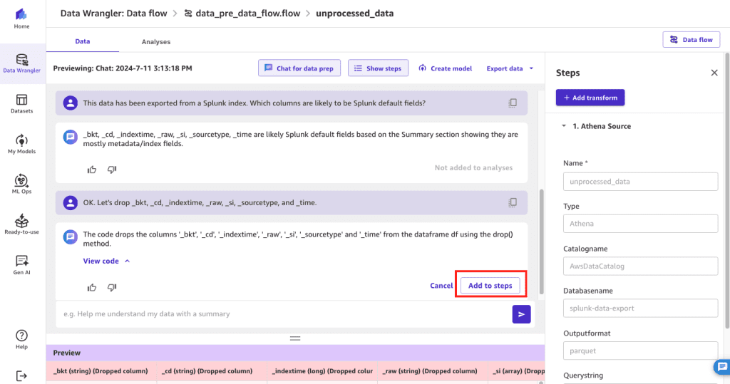 The screenshot shows how SageMaker Data Wrangler’s chat for data prep is used to identify Splunk’s default fields. Conversation has been captured above the screenshot. Add to steps button is highlighted in the screenshot.