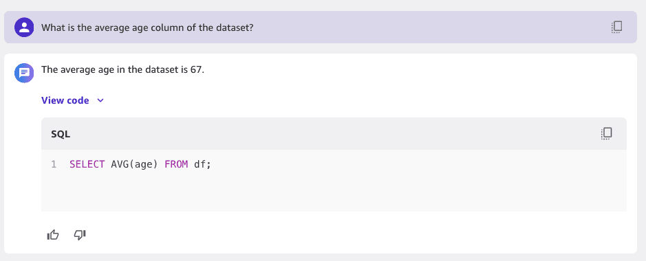 The screenshot shows how SageMaker Data Wrangler’s chat for data prep is used to run SQL statements. Under view code, the screenshot shows SELECT AVG(age) FROM df; which is the SQL statement chat for data prep has returned.