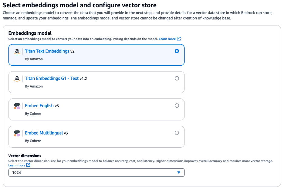 Select embeddings model and configure vector store for Knowledge Base