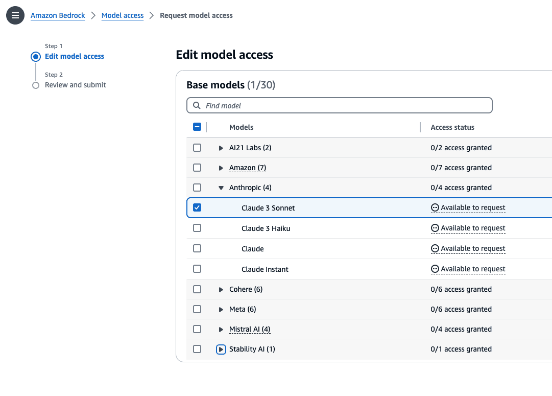 edit model access page and select claude 3 sonnet