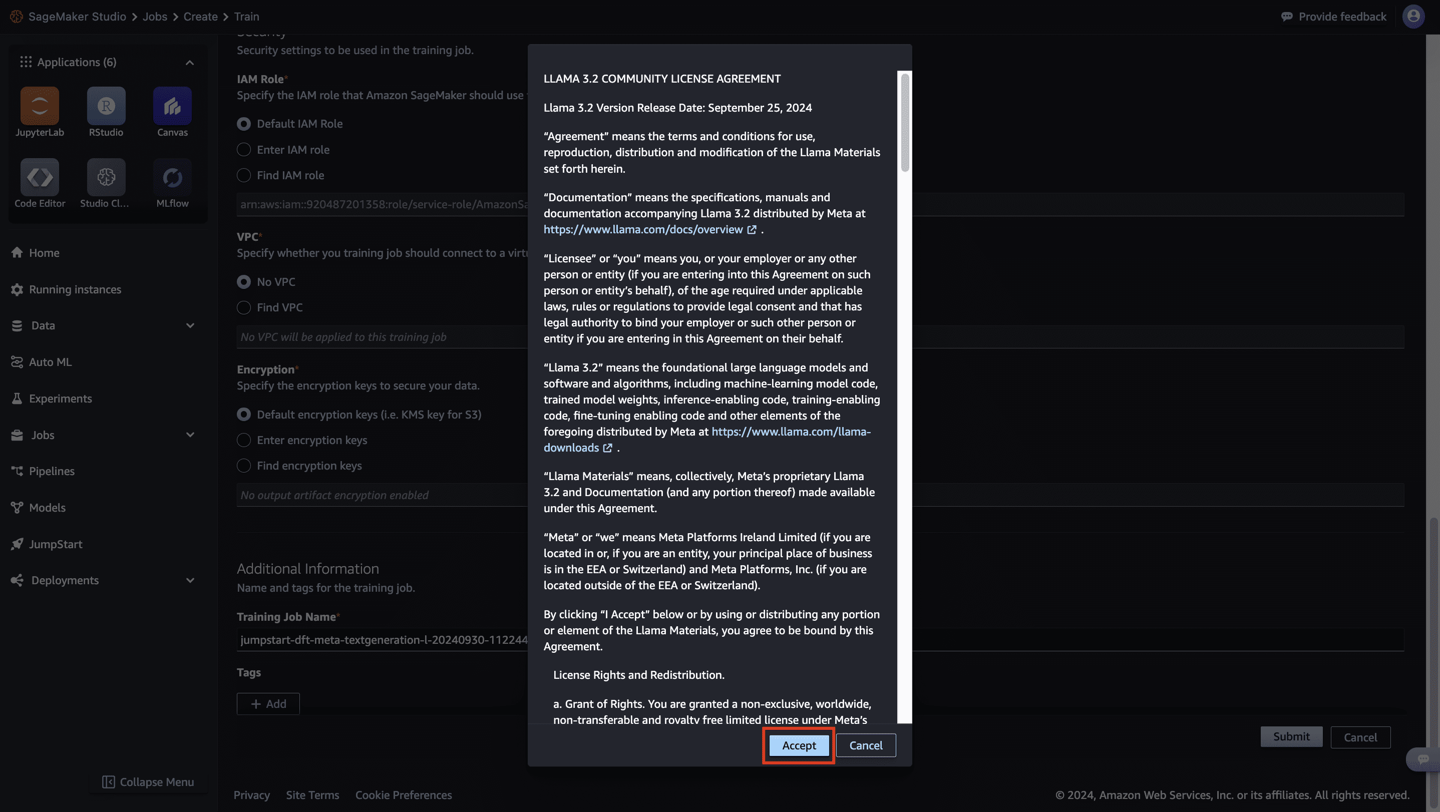 Step 7 No-Code Fine-tune Meta Llama 3.2 SageMaker JumpStart