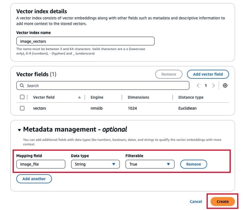 Review and confirm vector index creation