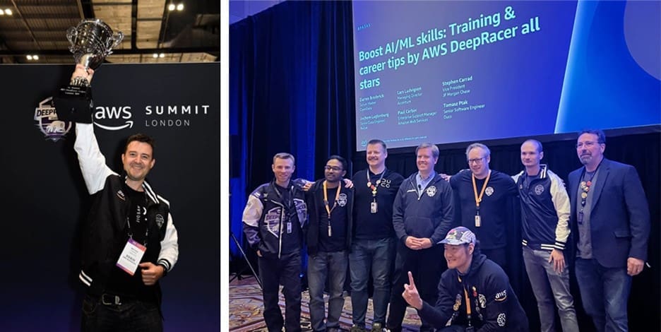 Images 4 & 5 – the author hoists the trophy from the 2022 London Summit (left) DeepRacer Community members and Pit Crew hosting a AWS DeepRacer workshop at re:Invent 2023 (right)