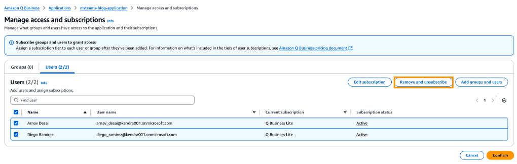 Remove users and unsubscribe the Amazon Q subscription