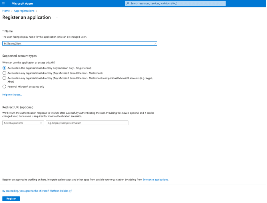 Register Application in Microsoft Azure portal