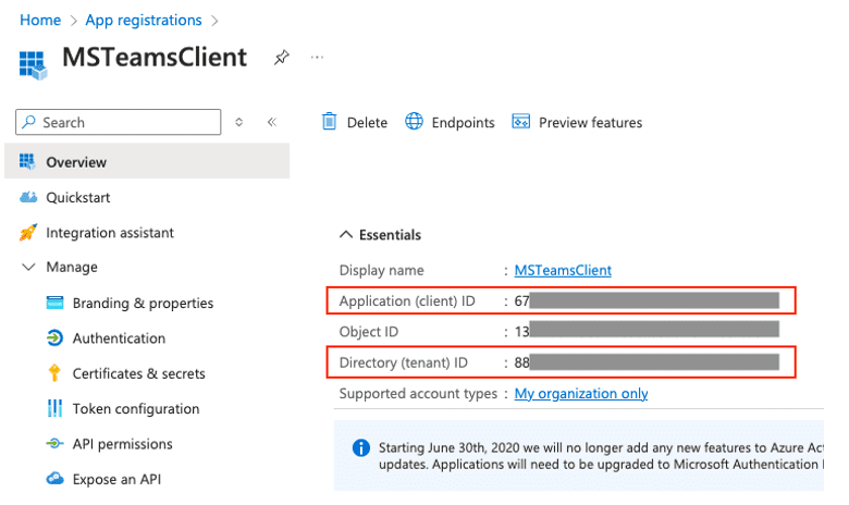 Copy Microsoft 365 tenant ID and client ID