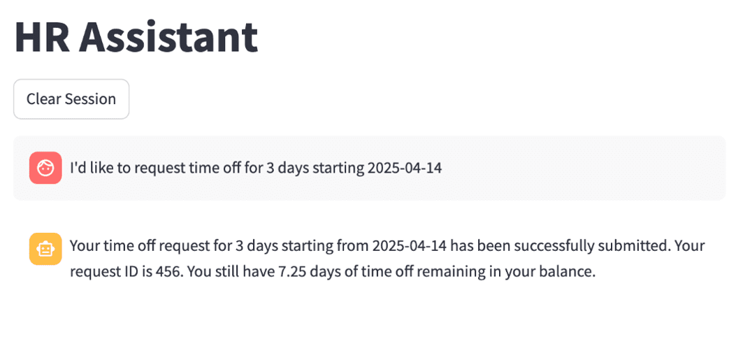 HR Assistant interface screenshot showing successful submission of time off request with ID 456 and remaining balance of 7.25 days.
