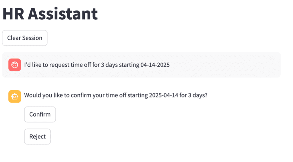 HR Assistant interface screenshot showing confirmation dialog with Confirm and Reject buttons for a 3-day time off request.