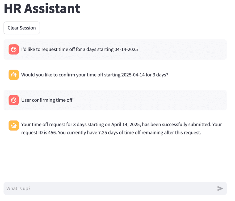 HR Assistant interface screenshot showing dialog after user confirmed time off.
