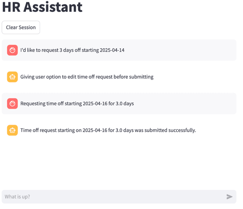 Screenshot of HR Assistant interface showing a conversation about requesting 3 days off starting 2025-04-14, with system responses confirming the request steps.