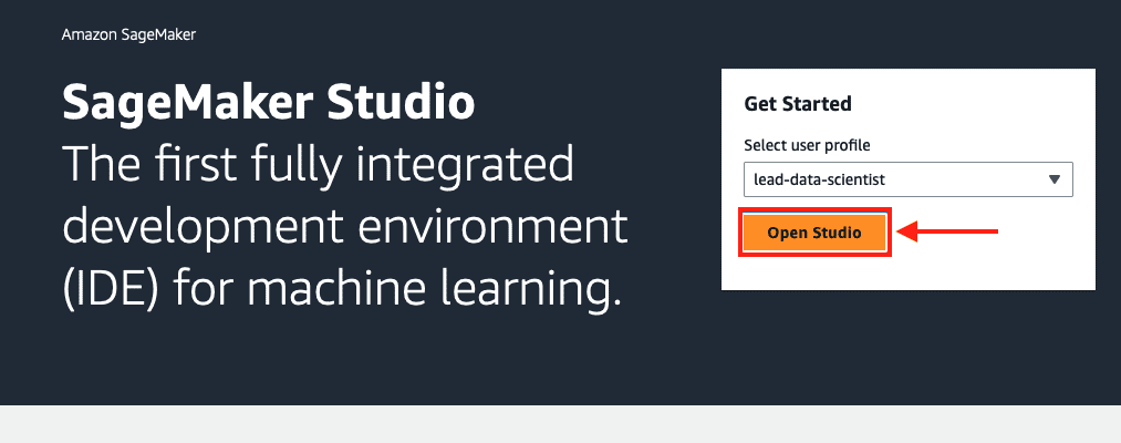 SageMaker Studio welcome screen highlighting integrated ML development environment with login options