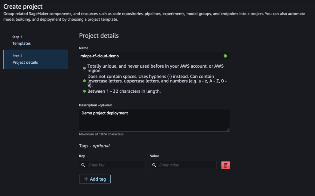 SageMaker project setup interface on Project details step, showcasing naming conventions, description field, and tagging options for MLOps workflow