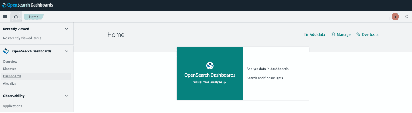 OpenSearch Dashboards landing page featuring navigation sidebar, visualization tools, and data management options