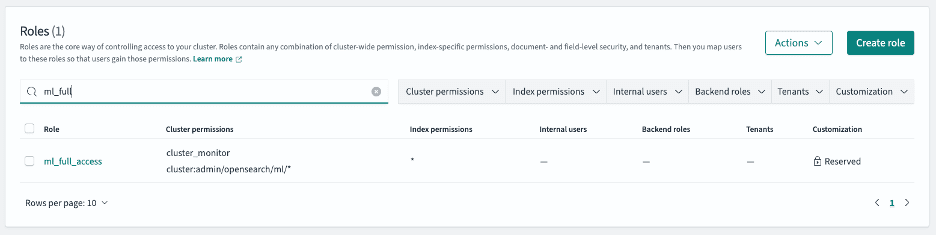 OpenSearch roles management screen with filtered view of ML full access role, showing detailed permissions and reserved status