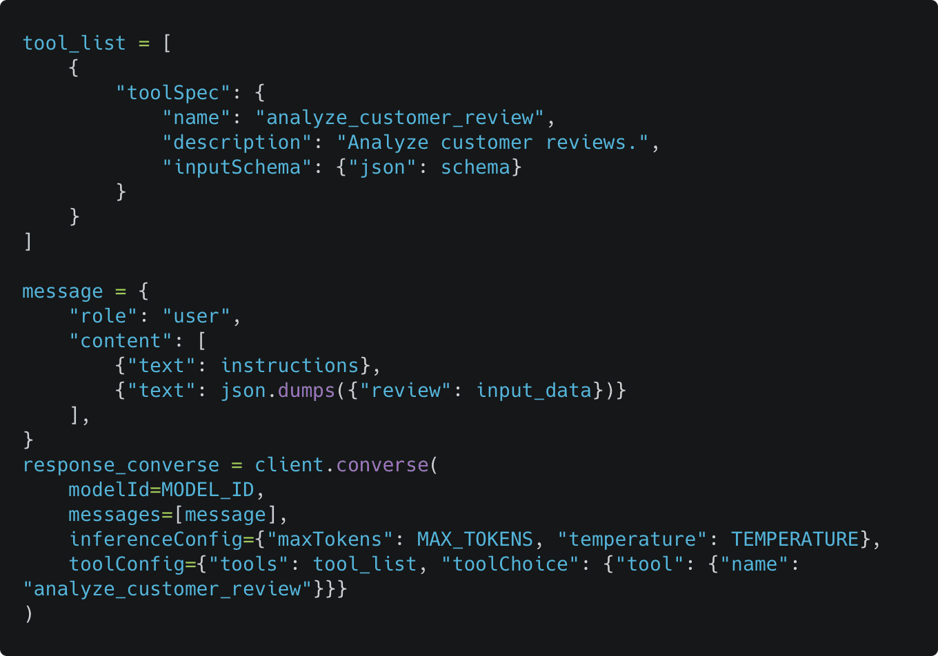 AWS Bedrock API implementation code showing tool configuration, message structure, and model inference setup for review analysis
