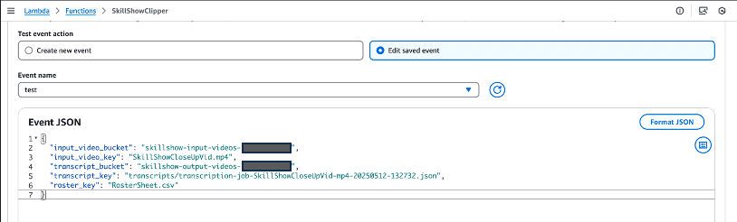 AWS Lambda console displaying test event configuration with S3 bucket and file path parameters