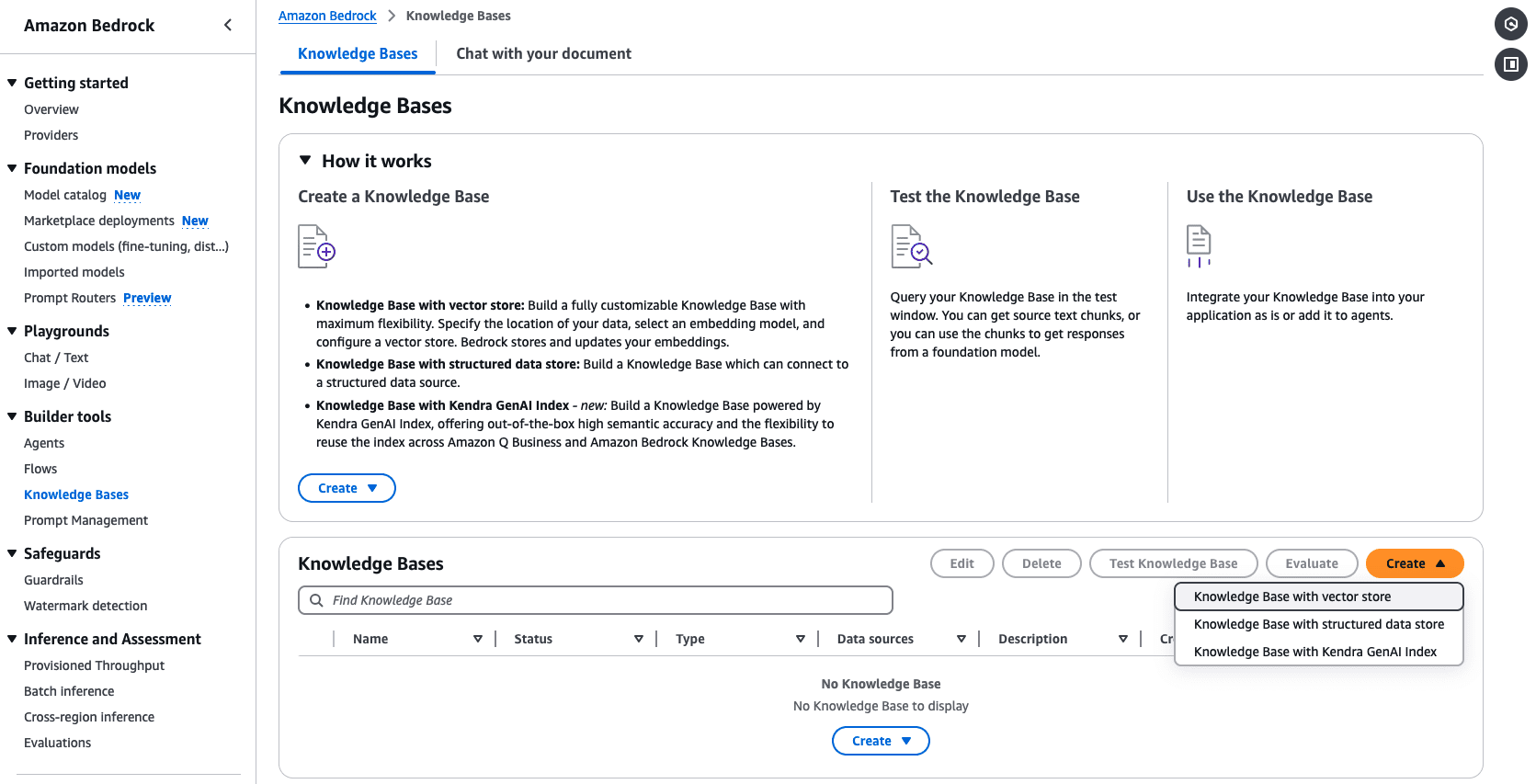 Amazon Bedrock Knowledge Bases interface showing creation and testing options