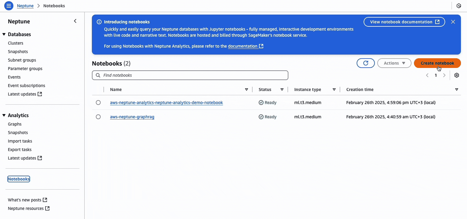 Neptune Notebooks interface showing two active Jupyter notebook instances