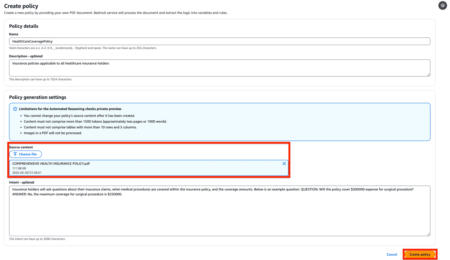 Amazon Bedrock interface showing HealthCareCoveragePolicy creation page with policy details, generation settings, and file upload