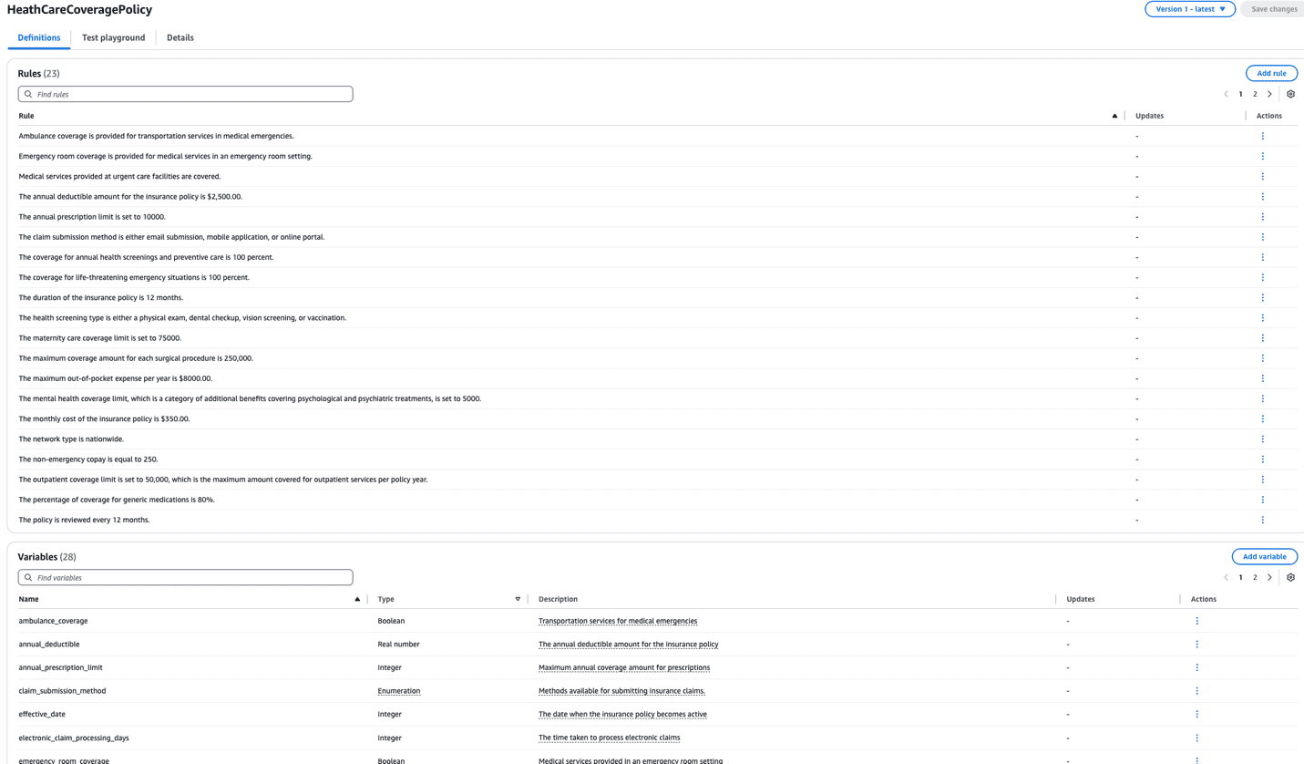 Amazon Bedrock policy editor displaying comprehensive healthcare coverage rules and variables with types, descriptions, and configuration options