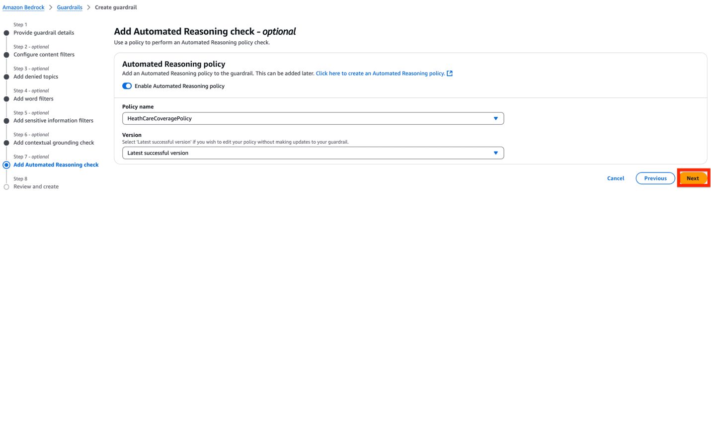 Amazon Bedrock guardrail creation wizard on step 7, showing HealthCareCoveragePolicy Automated Reasoning configuration options