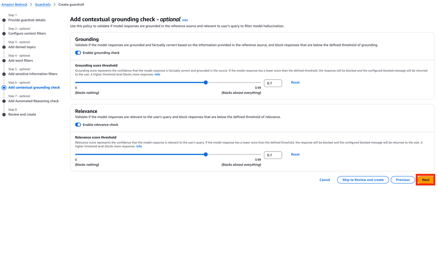 Amazon Bedrock guardrail configuration for contextual grounding and relevance checks