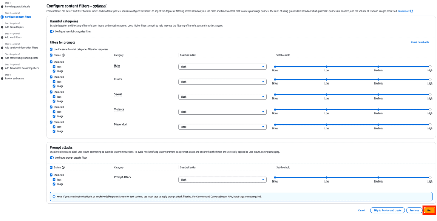 WS guardrail configuration interface for content filtering showing harmful content categories, threshold controls, and prompt attack prevention settings