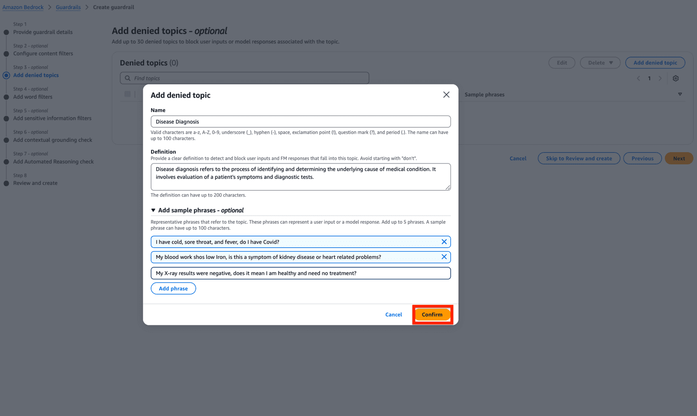 Amazon Bedrock Guardrails interface showing Disease Diagnosis denied topic setup with sample phrases