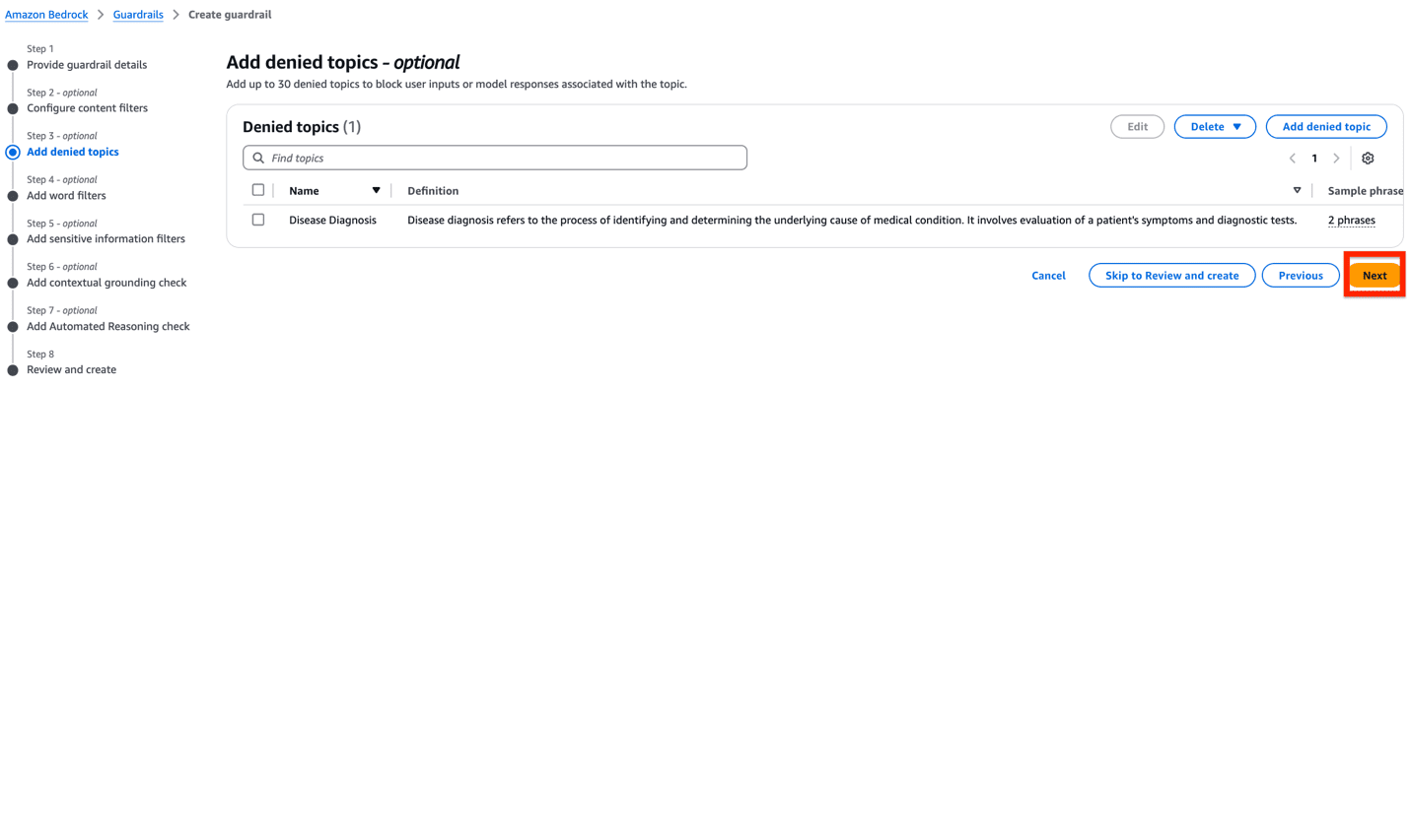Amazon Bedrock Guardrails configuration interface with Disease Diagnosis as denied topic