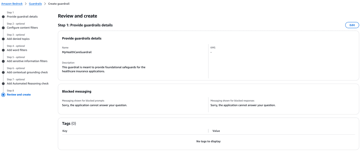 Amazon Bedrock Guardrail 8-step configuration summary showing MyHealthCareGuardrail setup with safety measures and blocked response messages
