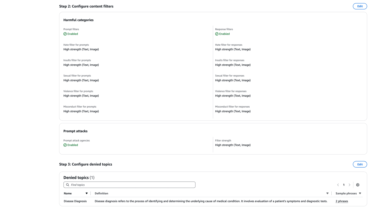 Amazon Bedrock Guardrail content filter configuration showing harmful categories and denied topics
