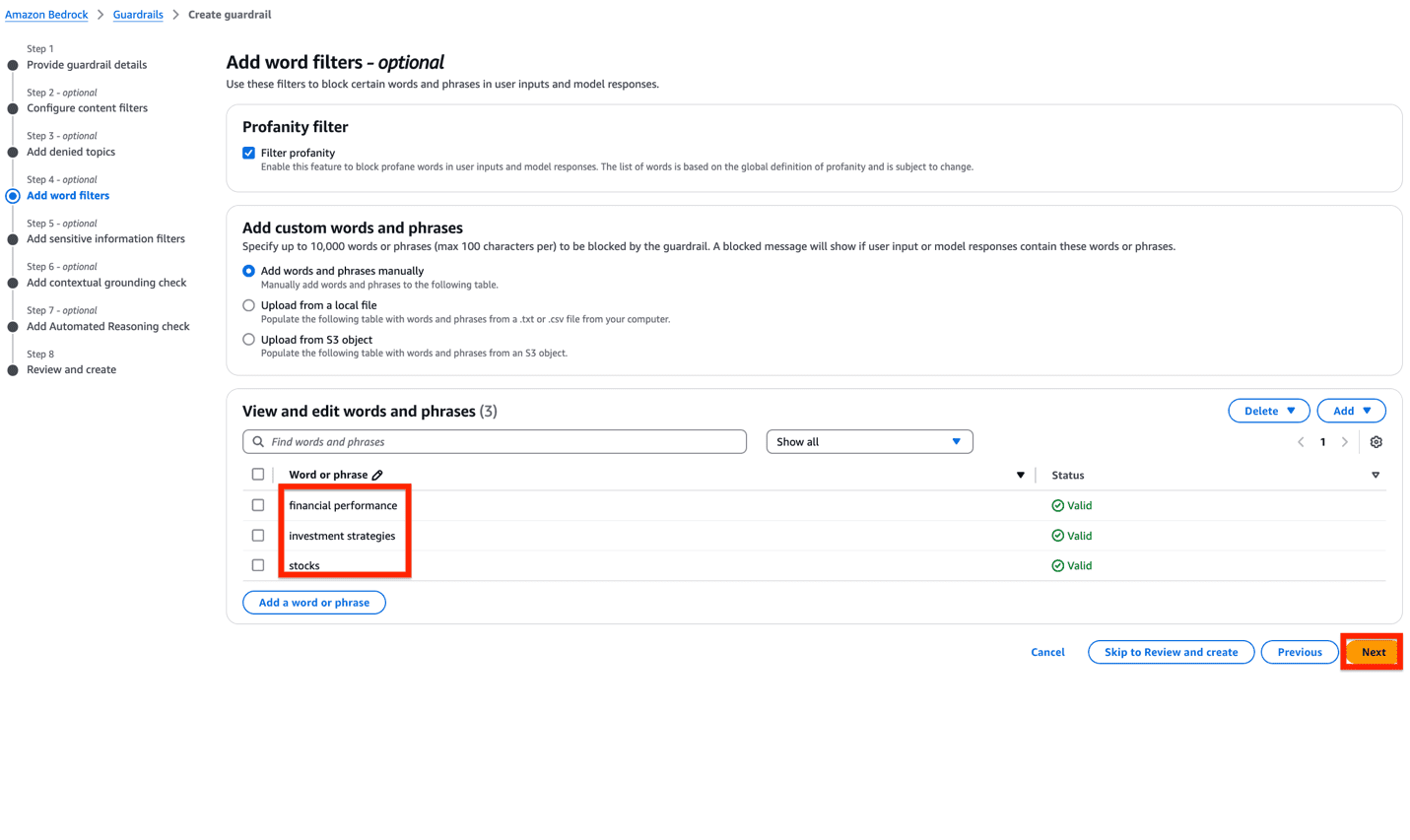 Amazon Bedrock guardrail creation interface showing word filter configuration steps and options