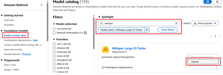 Amazon Bedrock console displaying filtered model catalog with Whisper Large V3 Turbo speech recognition model and deployment option