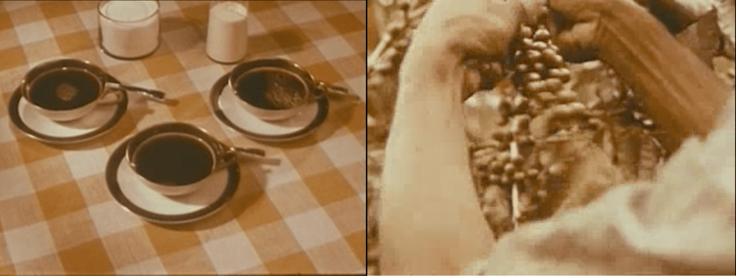 Three coffee cups on checkered tablecloth and close-up of coffee grounds in cup