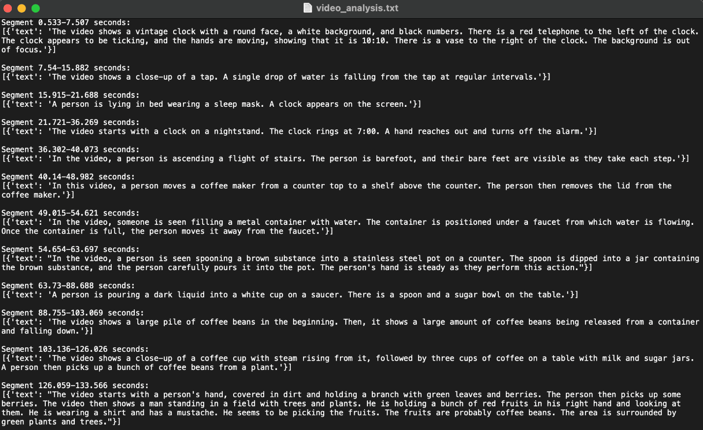 Detailed video analysis text file displaying 12 chronological segments with timestamps, describing a day's journey from waking up to coffee cultivation and brewing.
