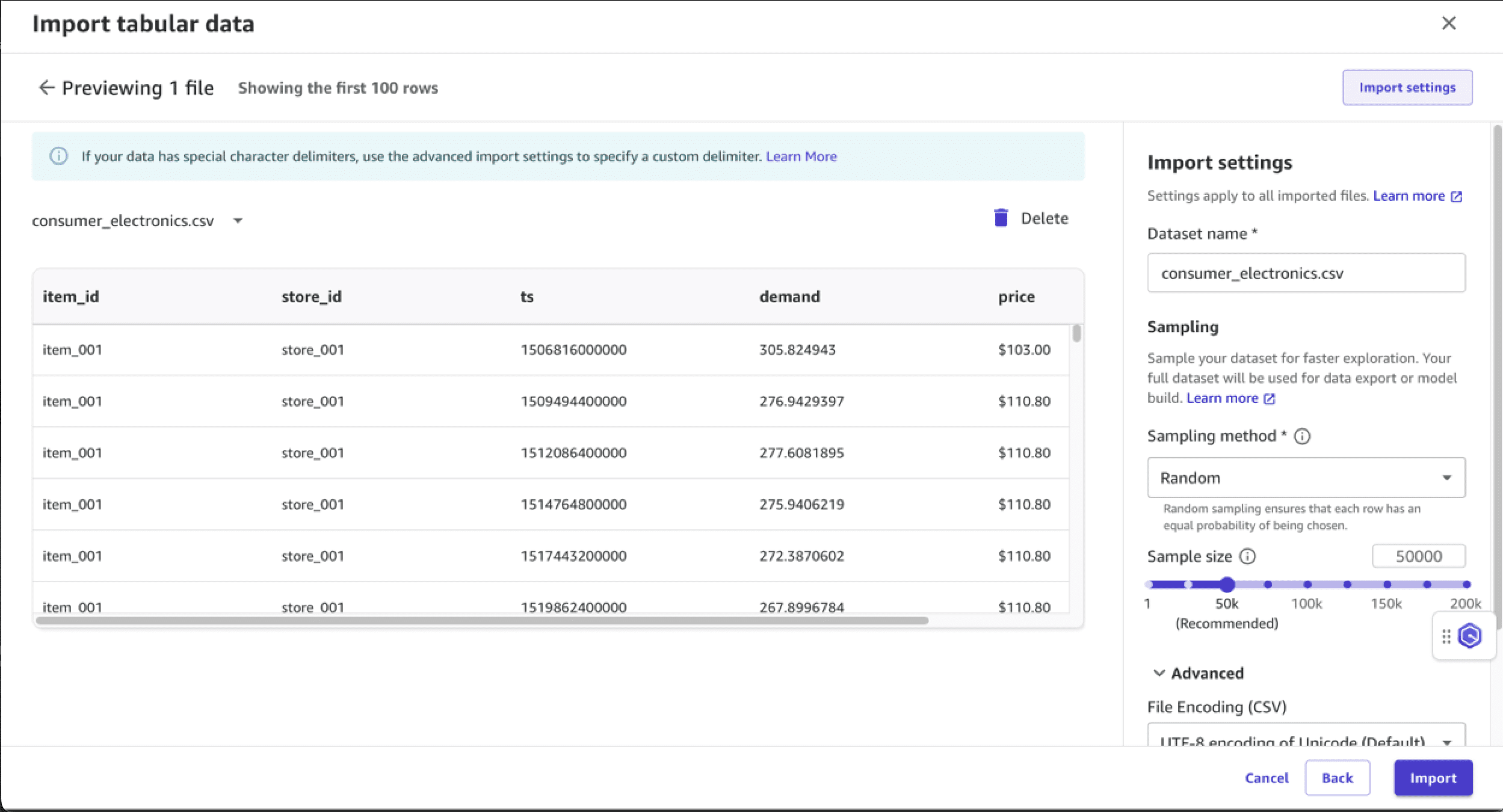 Import tabular data screen with sampling methods and sampling size