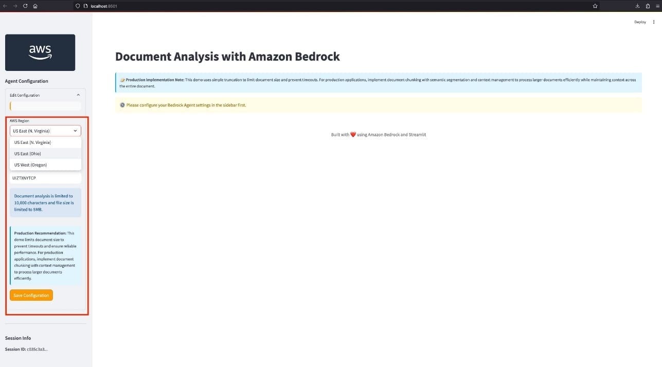 Streamlit-powered configuration interface for Amazon Bedrock Agent setup with region selection and implementation guidance
