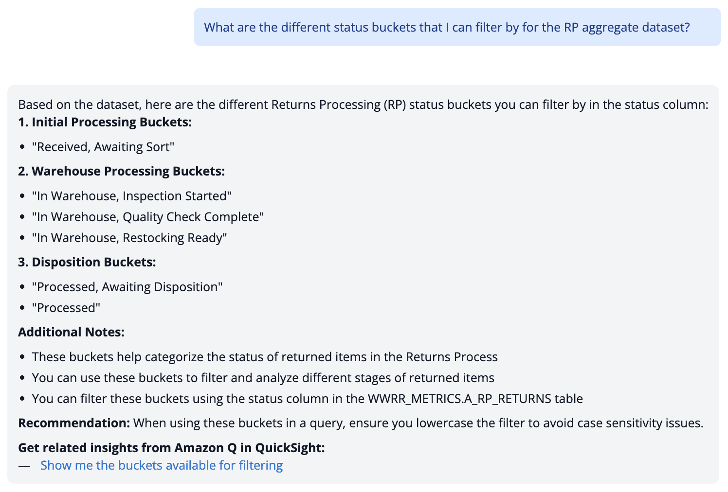 Screenshot of RRDA chat interface showing user asking about status buckets for RP aggregate dataset, with system response listing categorized status values including Initial Processing, Warehouse Processing, and Disposition buckets, along with usage notes and table reference information.