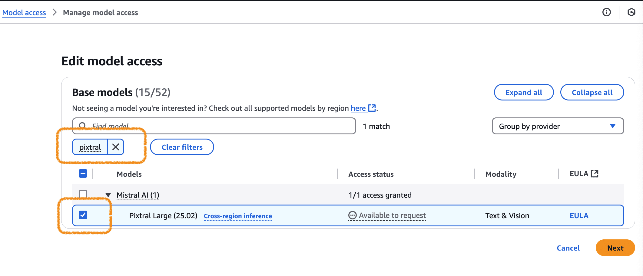 Amazon Bedrock interface for managing base model access with Pixtral Large model highlighted