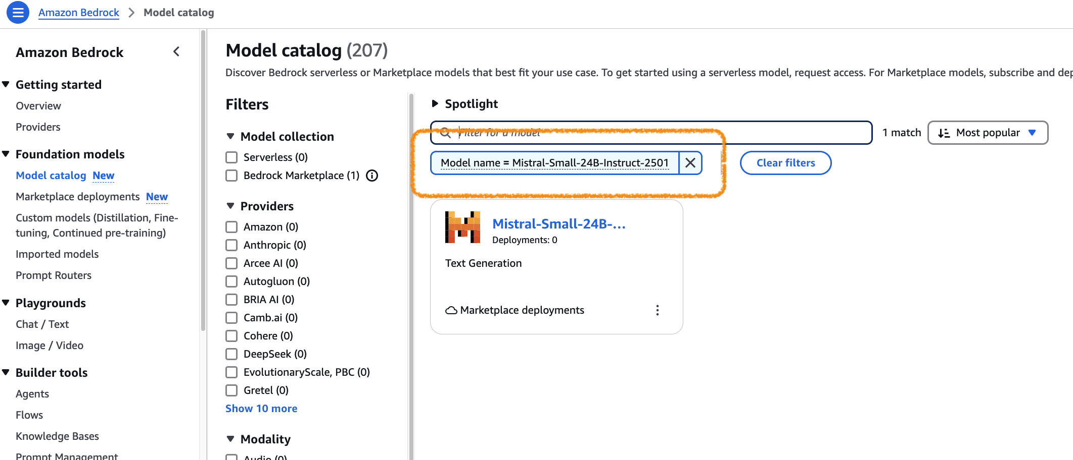Amazon Bedrock UI with model catalog, filters, and Mistral-Small-24B-Instruct-2501 model spotlight